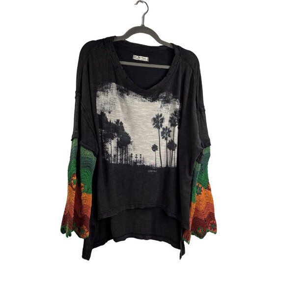 WE THE FREE Free People So Edgy Tee in Washed Black Crochet Sleeve Size XS - Picture 5 of 12